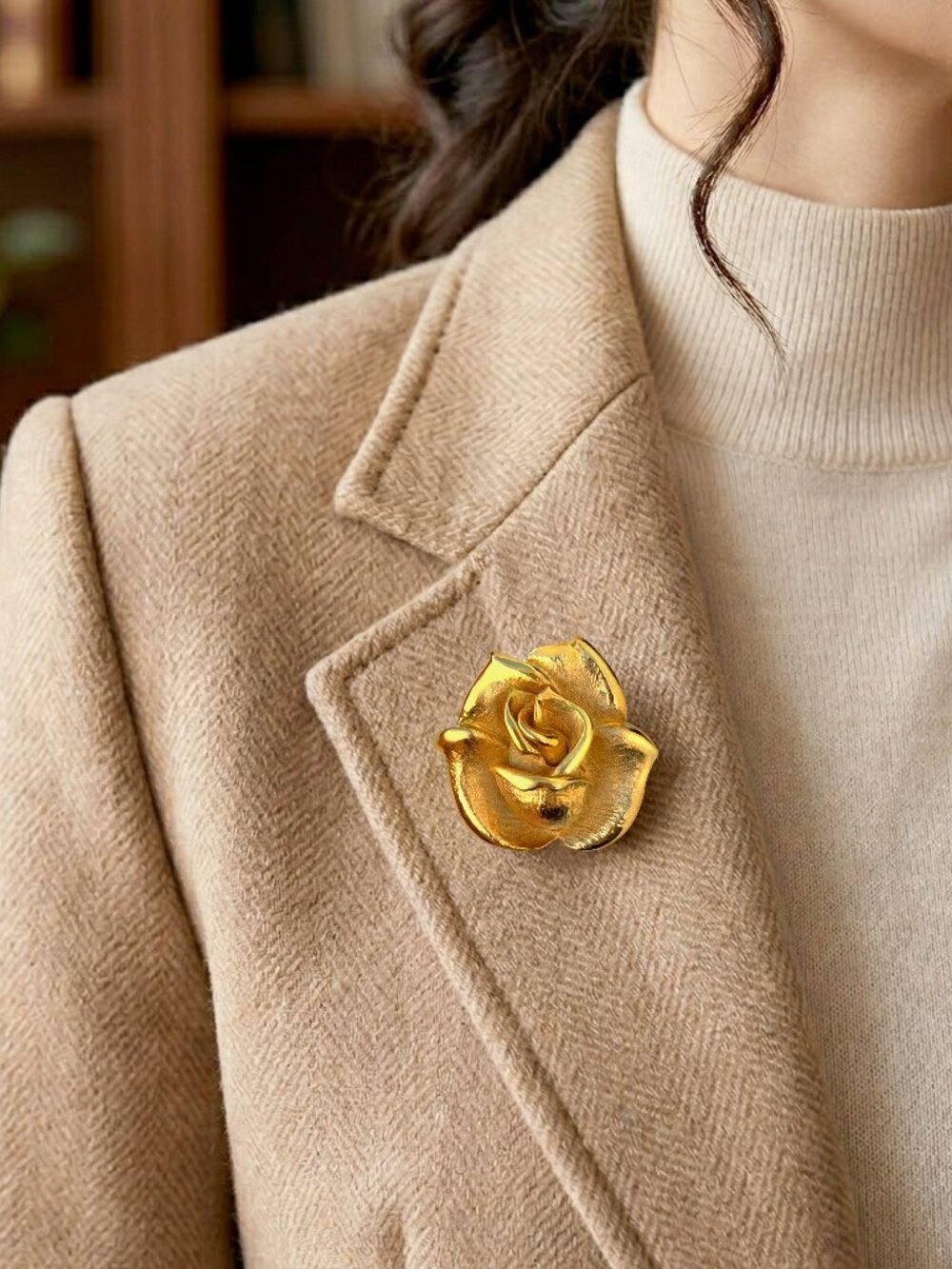 Gold Rose Brooch Pin or Necklace, Botanical Floral Jewelry Accent (4cm)
